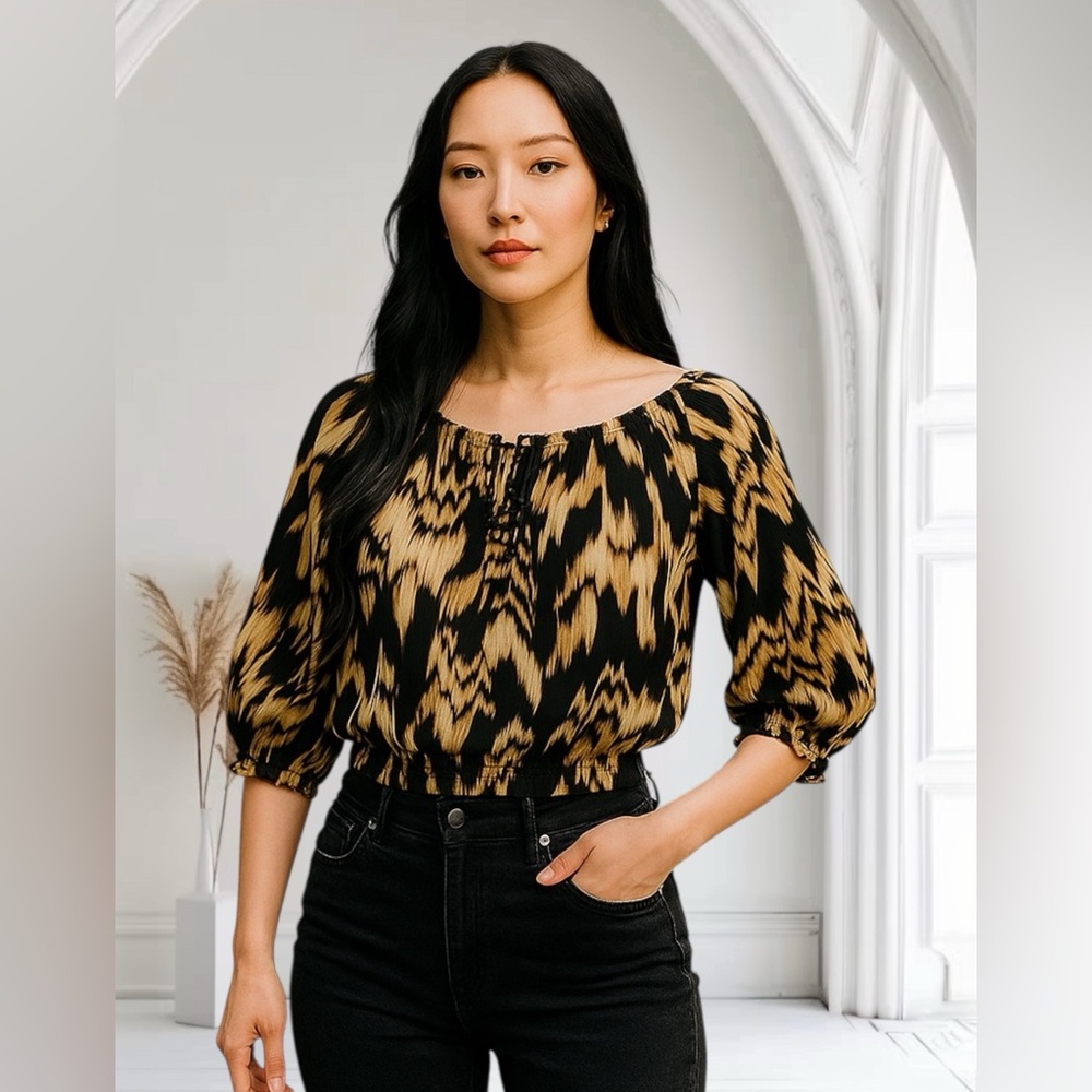 Jones New York Signature Size L Womens Off-Shoulder Blouse Animal Print Chiffon